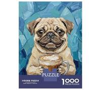Jigsaw Puzzle for Adults 1000 Pieces, Pug with Coffee Artwork, Creative Leisure Activity, Holiday Family Game, Pieces, 38x26cm/1000pcs