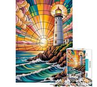 Jigsaw Puzzle for Adults 1000 Pieces Stained Glass Meditation Serenity by A Glowing Lighthouse at Sunset Jigsaw Hands-on Game A Work of Art Unique Gifts for Birthday And Christmas (Size 38x26cm)
