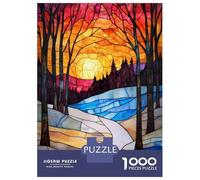 Jigsaw Puzzle for Adults 1000 Pieces Stained Glass Sunset Landscape Jigsaws for Adults Toy Wall Decor Improve Memory for Is Ideal As A Gift 38x26cm/1000pcs