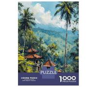 Jigsaw Puzzle for Adults 1000 Pieces, Tropical Landscape with Temples Painting Artwork, Creative Leisure Activity, Idea, Durable Puzzle Pieces, 38x26cm/1000pcs