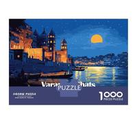 Jigsaw Puzzle for Adults 1000 Pieces, Varanasi Ghats India Night Illustration Artwork, Creative Leisure Activity, Festive Season Fun, Pieces, 70x50cm/1000pcs