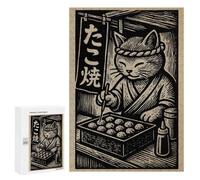 Jigsaw Puzzle for Adults, 300 PCS, Featuring Cat Chef Making Takoyaki Woodcut Print, Classic Jigsaw Entertainment for The Home, for Family Fun