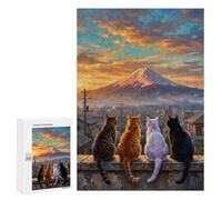 Jigsaw Puzzle for Adults, 300 PCS, Featuring Team Cat Looking Sunset Mount Fuji, A Creative Way to Unwind after A Busy Day, for Family Fun