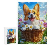 Jigsaw Puzzle for Adults 300 PCS Happy Corgi in Flower Basket Adult Jigsaw Hands-on Game Wall Decoration Birthday And Unique Gifts 300 PCS