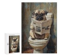 Jigsaw Puzzle for Adults 300 PCS Pug Reading Newspaper on Toilet-4 Jigsaws for Adults Puzzle Difficult Challenge Difficult And Challenge Brainteaser Family Games 300 PCS