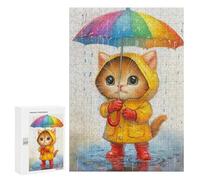Jigsaw Puzzle for Adults 300 PCS Rainy Day Kitten with Umbrella-4 Jigsaws for Adults Puzzle Difficult Challenge Difficult And Challenge Brainteaser Family Games 300 PCS