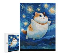 Jigsaw Puzzle for Adults 500 PCS Chubby Cat in Starry Night Painting Adult Jigsaw Hands-on Game Wall Decoration Birthday And Unique Gifts 500 PCS