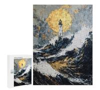 Jigsaw Puzzle for Adults, 500 PCS, Featuring Lighthouse Stormy Sea Gold Moon, Classic Jigsaw Entertainment for The Home, for Family Fun