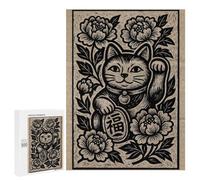 Jigsaw Puzzle for Adults, 500 PCS, Featuring Maneki Neko with Flowers Woodcut Print, Classic Jigsaw Entertainment for The Home, for Creative Downtime