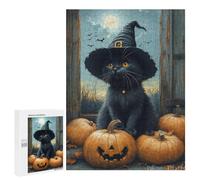 Jigsaw Puzzle for Adults 500 PCS Halloween Black Cat with Pumpkins-6 Jigsaws for Adults Puzzle Difficult Challenge Difficult And Challenge Brainteaser Family Games 500 PCS