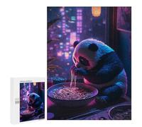 Jigsaw Puzzle for Adults 500 PCS Panda Eating Noodles in Neon Light Jigsaw Brain Teaser Game Precision Cutting Parent-child Interaction 500 PCS