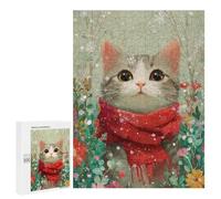 Jigsaw Puzzle for Adults 500 PCS Winter Cat with Red Scarf Jigsaws for Adults Puzzle Difficult Challenge Difficult And Challenge Brainteaser Family Games 500 PCS