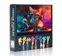 Jigsaw Puzzle for Adults - A Ginger Cat wearing Neon Sunglasses and Headphones 1000 Piece Puzzles DJ Cat with Colorful Smoke Effects Challenging Puzzles Gifts 50x70cm
