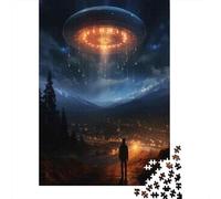 Jigsaw Puzzle for Adults, Alien Spaceship Over Mountain Town, 1000 Pieces, 52x38cm/1000pcs, White Card Pieces for Easy Sorting; Relaxed Solo Time at Home