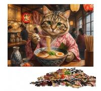 Jigsaw Puzzle for Adults, Cat in Kimono Eating Ramen, 500 Pieces | Puzzle for Adults - puzzle activity for spare time alone or together.
