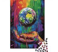 Jigsaw Puzzle for Adults, Colorful Earth Holding Hand Art Print, 1000 Pieces, 70x50cm/1000pcs; Smooth White Cardboard Pieces; for Calm Concentration at Home