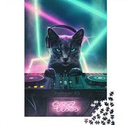 Jigsaw Puzzle for Adults, DJ Good Vibes Cat, 1000 Pieces, 52x38cm/1000pcs; Low-dust White Pieces for Sorting; A Calm After-work Activity