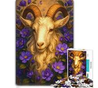 Jigsaw Puzzle for Adults, Ram Portrait with Purple Flowers, 300 PCS