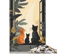 Jigsaw Puzzle for Adults Three Cats Looking Out Window 500 Piece Jigsaw Puzzles Wood Puzzle Adults And Challenging Game 500pcs (52x38cm)