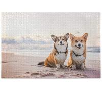 Jigsaw Puzzle for Adults, Two Welsh Corgi Pembroke Dogs Sitting Next to Each Other On Beach at Seaside Very Happy Dur Wooden Jigsaw Puzzle Family Game Intellective Toys_1000pcs