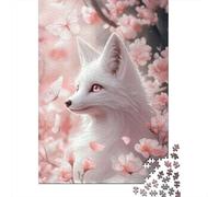 Jigsaw Puzzle for Adults, White Fox In Cherry Blossoms, 1000 Pieces, 38x26cm/1000pcs; Low-dust White Pieces for Sorting; A Calm After-work Activity
