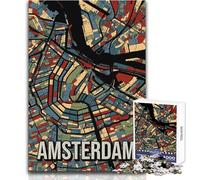 Jigsaw Puzzle for Teenagers 1000 Pieces Amsterdam Earthtone City Map Art Unique Challenge Game Presents for Women Gifts Ideas Size 50x75cm
