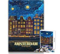 Jigsaw Puzzle for Teenagers 1000 Pieces Amsterdam Netherlands Night Cityscape Art Educational Games Precision Cutting Secret Santa Gifts Size 38x52cm