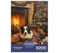 Jigsaw Puzzle for Teenagers 1000 Pieces Border Collie in Christmas Sweater by Fireplace Christmas Dog Wall Art Jigsaw for Adults Hands-on Game Analysis And Logic Parent-child Interaction 38x26cm/100