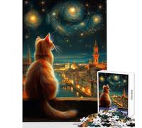 Jigsaw Puzzle for Teenagers 1000 Pieces Cat Gazing at Florence Under Starry Sky Brain Teaser Game Improve Memory Toy Wall Decor with Matching Poster And Trivia Sheet (38x26cm)
