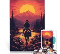 Jigsaw Puzzle for teenagers 1000 Pieces Cowboy Sunset Ride for Educational Game Challenge Toy with Matching Poster and Trivia Sheet 50x70cm