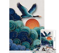 Jigsaw Puzzle for Teenagers 1000 Pieces Crane Flying Over Clouds And Sun Papercutting Educational Games Family Activities Educational Toy with Matching Poster And Trivia Sheet (38X26cm)