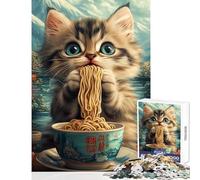 Jigsaw Puzzle for Teenagers 1000 Pieces Cute Cat Eating Ramen Noodles Educational Games Wall Art DIY Toys Birthday Present,Travel Gifts, (38x52cm)