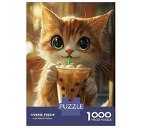 Jigsaw Puzzle for Teenagers 1000 Pieces Cute Cat with Boba Tea Puzzle for Adults Hands-on Game Staycation Kill Time Parent-child Interaction 38x26cm/1000pcs