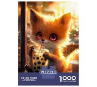 Jigsaw Puzzle for Teenagers 1000 Pieces Cute Fox Drinking Boba Tea Puzzle for Adults Hands-on Game Staycation Kill Time Parent-child Interaction 70x50cm/1000pcs