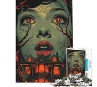 Jigsaw Puzzle for Teenagers 1000 Pieces Haunted House with Terrified Woman And Glowing Eyes Jigsaw Puzzle Relaxing Games Staycation Kill Time for Is Ideal As A Gifts (Size 38x26cm)