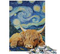 Jigsaw Puzzle for Teenagers 1000 Pieces Highland Cow Under Starry Sky Hands-on Game for The Whole Family Educational Toy Parent-child Interaction Size 38x26cm