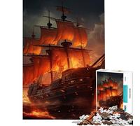 Jigsaw Puzzle for Teenagers 1000 Pieces Pirate Ship on Fire Practical Game Challenging Game Toys Gifts Ideas Precision Cutting (Size 38x52cm)