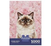 Jigsaw Puzzle for Teenagers 1000 Pieces Ragdoll Cat with Rose Painting Puzzle for Adults Hands-on Game Staycation Kill Time Parent-child Interaction 38x26cm/1000pcs