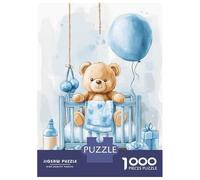 Jigsaw Puzzle for Teenagers 1000 Pieces Teddy Bear Sitting in Blue Baby Cot Jigsaw for Adults Relax Games Home Decoration Parent-child Interaction 38x26cm/1000pcs