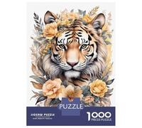 Jigsaw Puzzle for Teenagers 1000 Pieces Tiger Portrait with Floral Arrangement Puzzle for Adults Hands-on Game Staycation Kill Time Parent-child Interaction 52x38cm/1000pcs