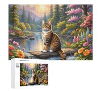 Jigsaw Puzzle for Teenagerss 1000 PCS Nature's Serenity Cat by The Stream Puzzles for Adults Anti-Stress Toys Wall Art Parent-child Interaction 1000 PCS
