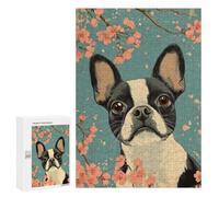 Jigsaw Puzzle for Teenagerss 300 PCS Boston Terrier with Cherry Blossoms Art Boston Terrier Art Puzzle for Adults Relax Games Perfect Decoration Birthday And Unique Gifts 300 PCS