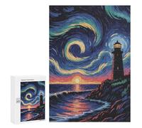 Jigsaw Puzzle for Teenagerss 300 PCS Lighthouse at Sunset with Swirling Sky Teenagers Puzzles Anti-Stress Toys Enhance Memory for Is Ideal As A Gift 300 PCS