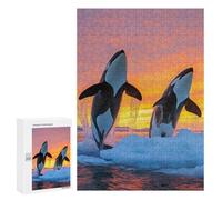 Jigsaw Puzzle for Teenagerss 300 PCS Orcas Jumping at Sunset in Icy Waters Puzzle for Adults Relax Games Perfect Decoration Birthday And Unique Gifts 300 PCS