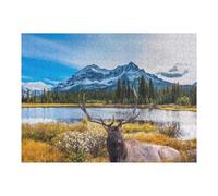 Jigsaw Puzzle for Teenagerss 52x38cm/1000pcs Elk Resting by Serene Lake with Snow-Capped Mountains in Background Puzzles for Adults Anti-Stress Toys Wall Art Parent-child Interaction 52x38cm/1000pcs