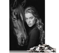 Jigsaw Puzzle Monochrome Portrait Woman And Horse 500 Piece Jigsaw Puzzles Wooden Jigsaw Puzzle for Adults 18+ Educational Games 500pcs (52x38cm)