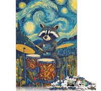 Jigsaw Puzzle Raccoon Drummer Starry Night 1000 Piece Jigsaw Puzzles Wooden Jigsaw Puzzle for Adults 18+ Educational Games 1000pcs (75x50cm)