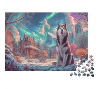 Jigsaw Puzzle Siberian Husky Under Starry Sky in Snow City for Adults 1000 Piece, Wildlife Gifts Men Women Educational Games 38x26cm/1000pcs