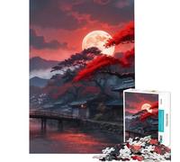 Jigsaw Puzzle1000 Pieces A Japanese Village Under A Crimson Moon Calming Decorative Toy Perfect Joint between Each Part Smart Play for Casual Social Meetings (Size 38x52cm)