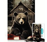Jigsaw Puzzle1000 Pieces Bear in Front of Cabin Seamless Cut Game Mind Game Gift Casual Play Game Christmas Home Art (50x75cm)